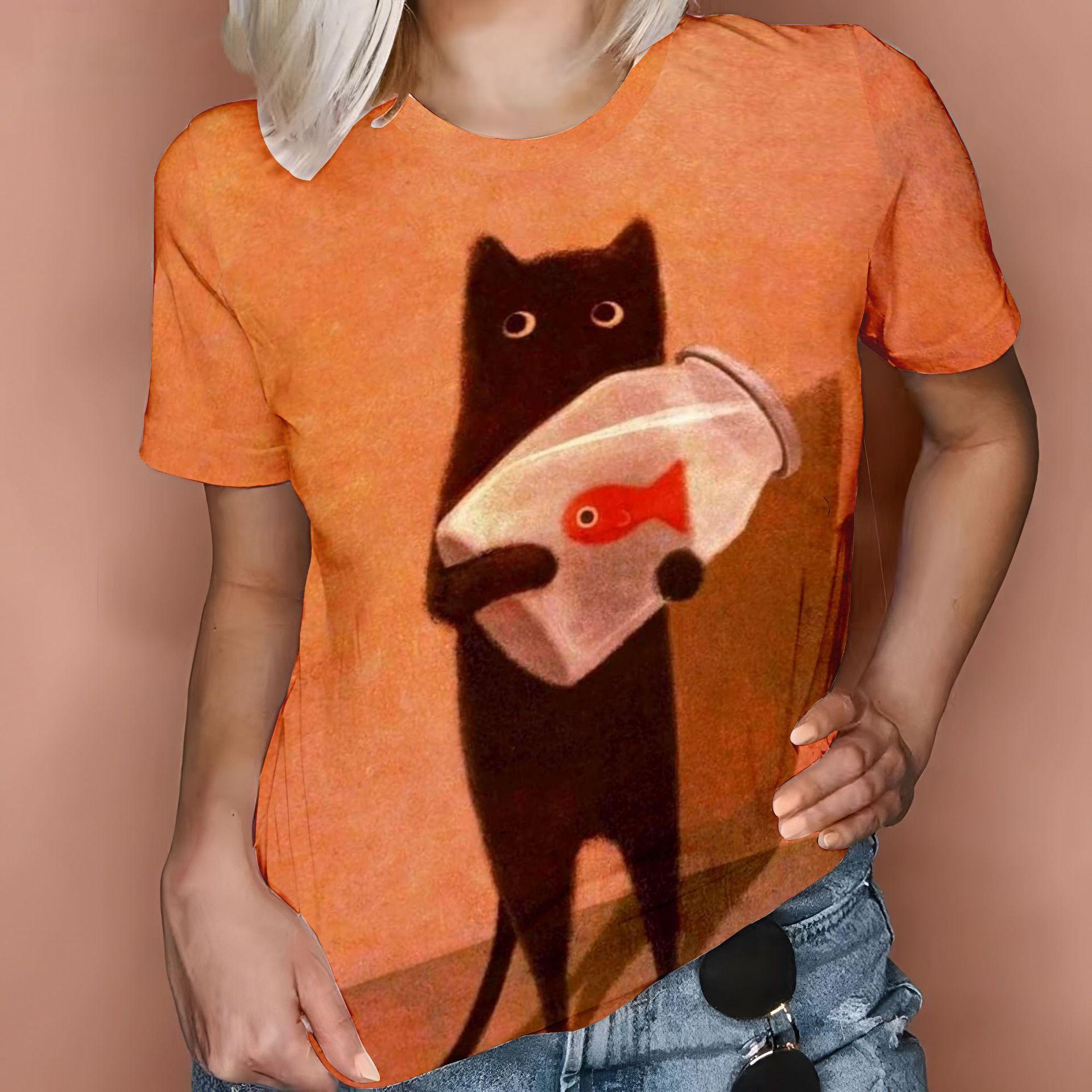 

Милые 3D футболки с изображением мультяшного кота, женские футболки с коротким рукавом, винтажные мягкие женские футболки с круглым вырезом, большие размеры 6XL