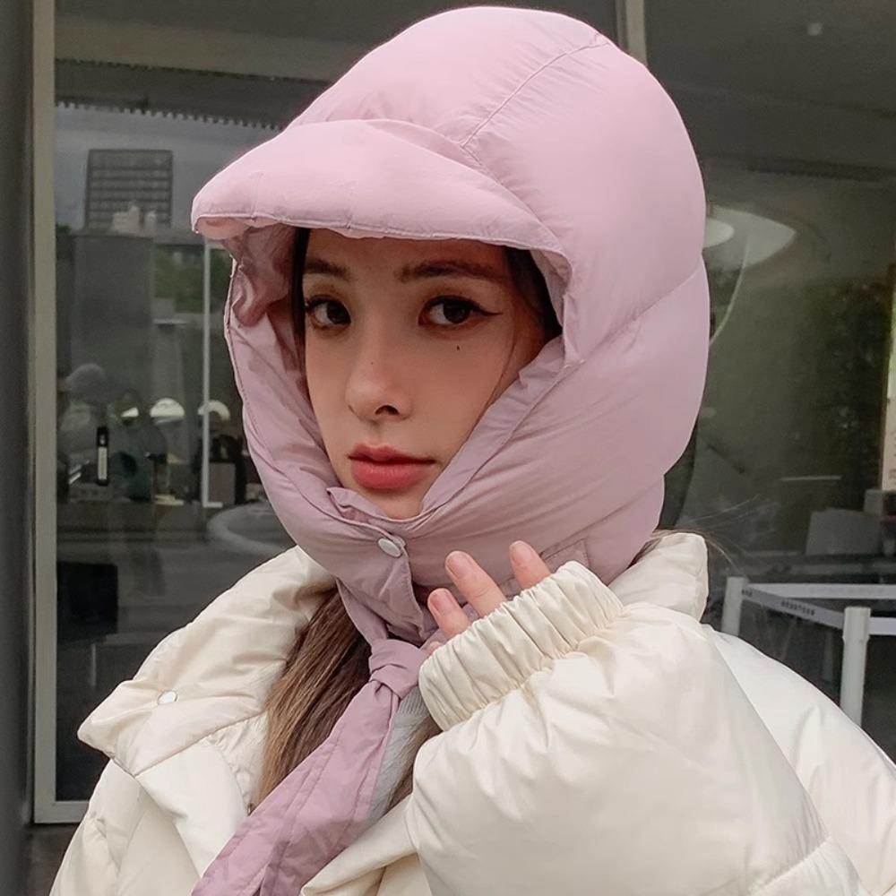 Simple Solid Color Padded Pullover Cap Korean Style Windproof Balaclava Hat Harajuku Hooded Puffy Ear Protection Cap Girls