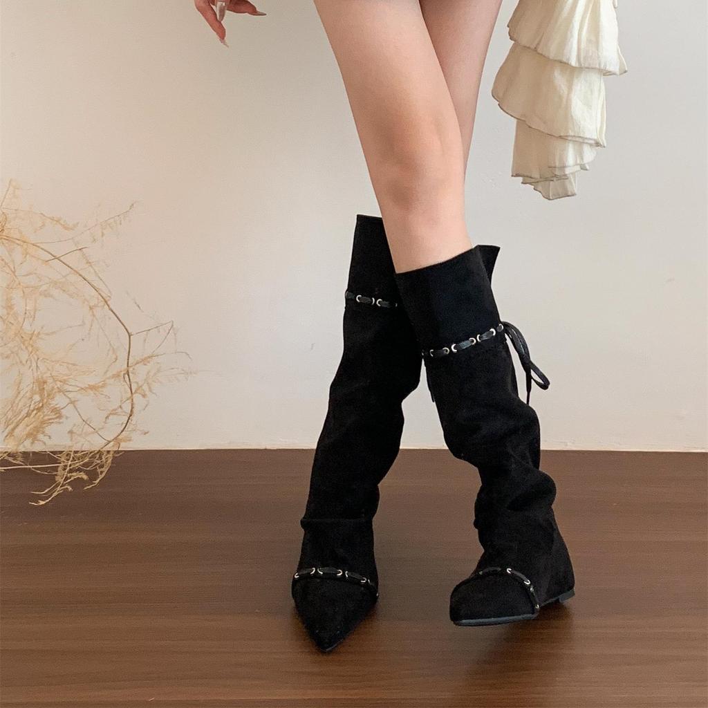 Wasteland Spice Girls Inner Height Increase Western Cowboy Boots Women's Autumn and Winter Pile Boots Lace-up Skinny But Knee Boots Women
