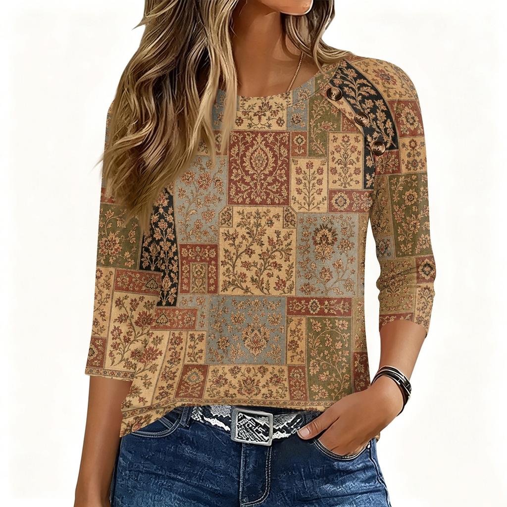 Womens 34 Sleeve Crew Neck Button T Shirt Geometric Pattern Pullover Casual Loose Fit Top for Daily Wear