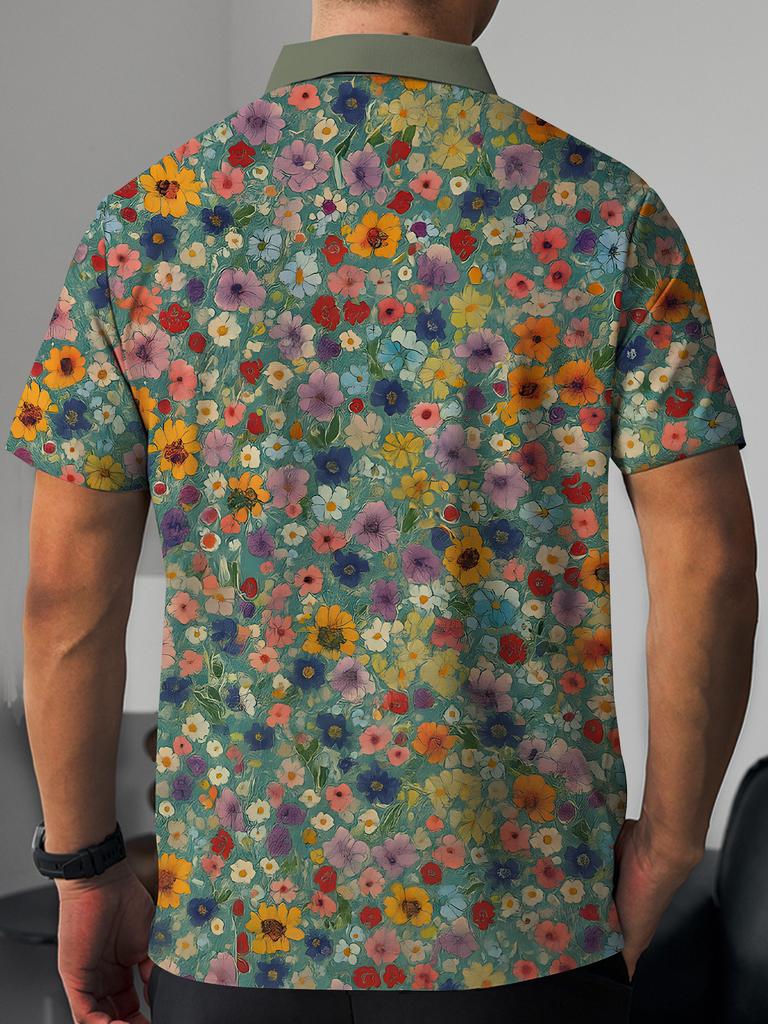 Plus Size Men'S Short-Sleeved Polo Colorful Floral Style Casual Lapel T-Shirt Plus Size Colorful Small Flower Print Print Outdoor Fat Short-Sleeved