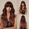 ALAN EATON Brown Synthetic Wig with Purple Highlights Colored Cosplay Party Hair Long Wavy Wigs with Bangs Heat Resistant Fiber