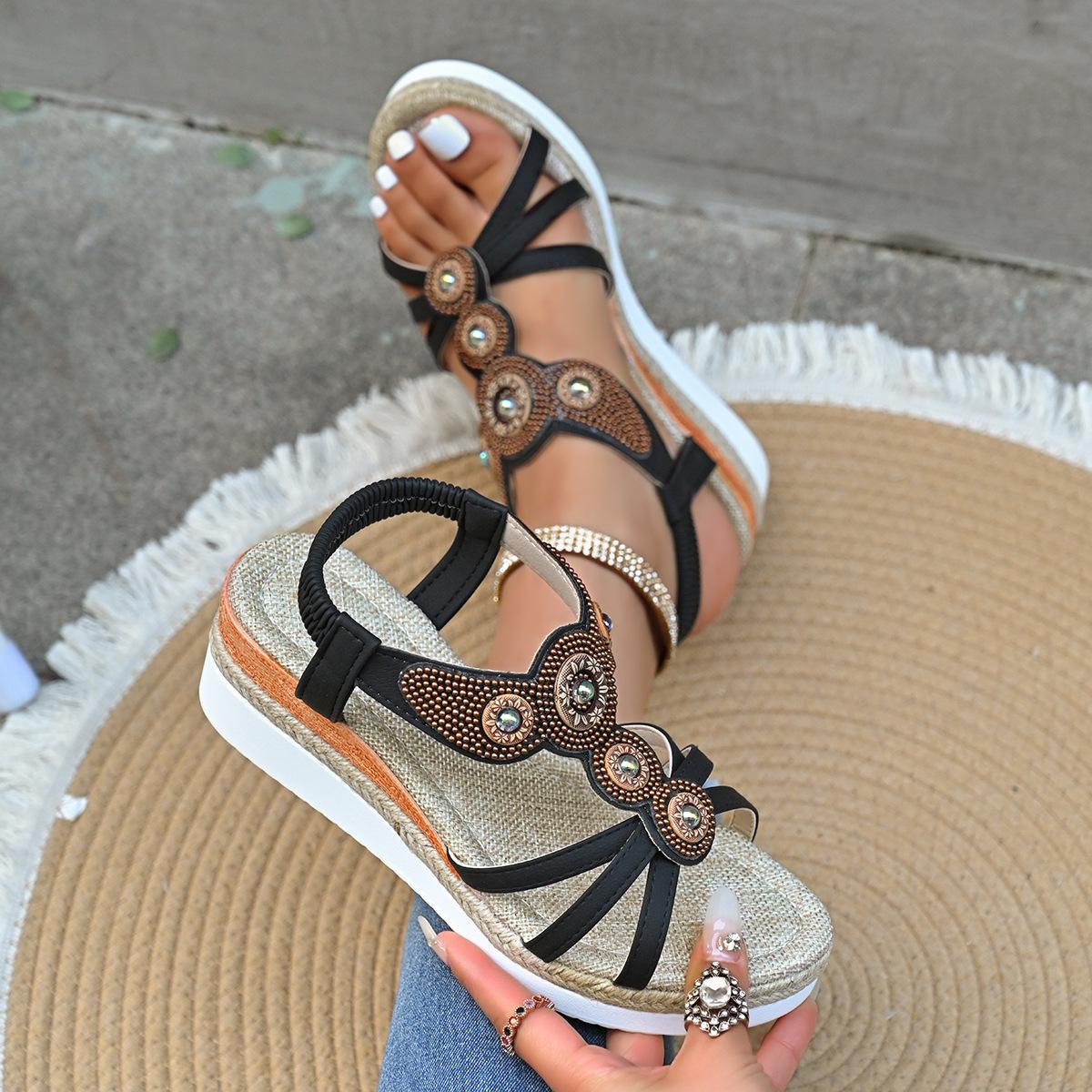 

Summer new Roman style rhinestone sandals Korean version flat-soled women s shoes ethnic style breathable women s sandals 36 чёрный