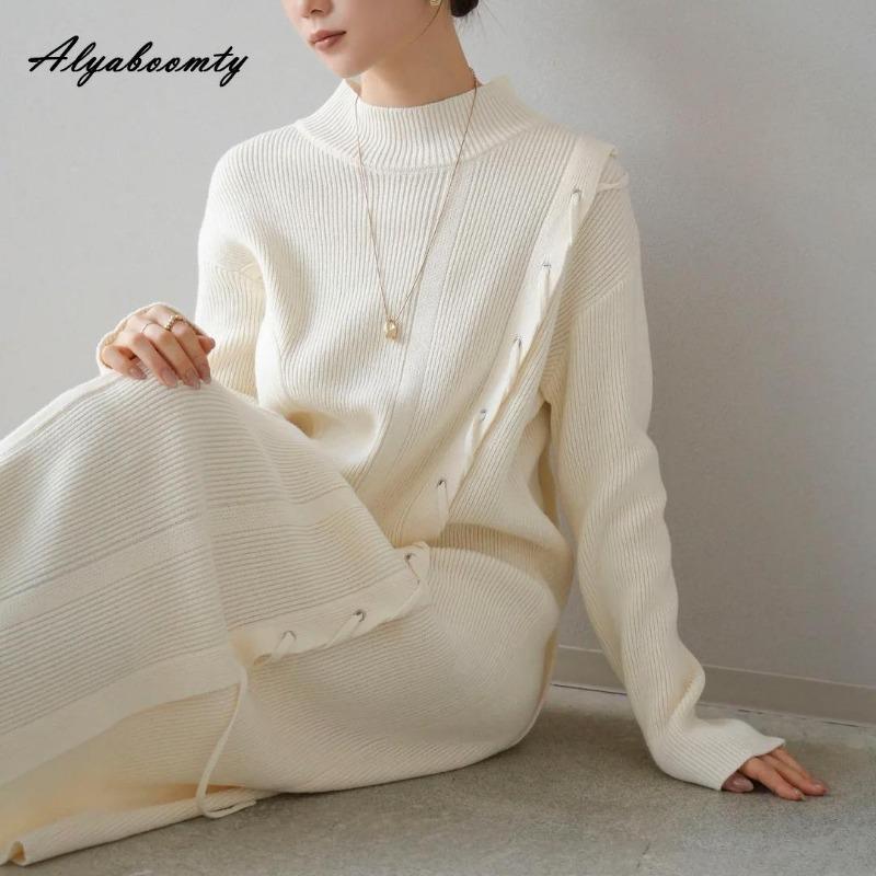 

Весна Осень Женское Трикотажное Платье Миди Бежевое Черное Серое Бандажное Трикотажное Платье На Шнуровке Повседневное Разделение Стильные Платья-Свитера ONE SIZE бежевый