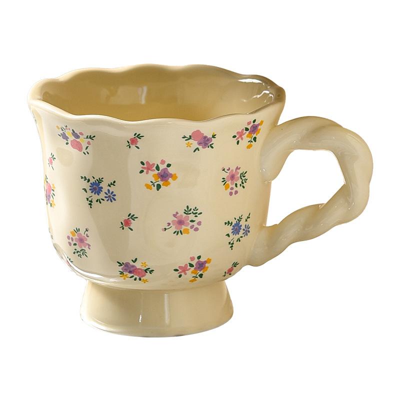 Black and White Floral Mug Ceramic Girls High Looking Coffee Couple Exquisite Afternoon Tea Cup High End Feeling Light Luxury