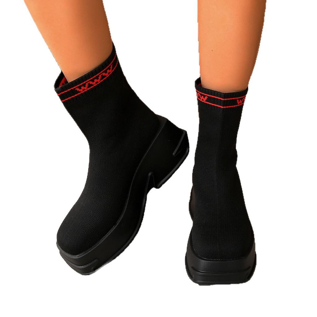 Flying knitted socks boots thick heel cigarette boots women's thick-soled muffin bottom short tube breathable short tube single boot large size Martin