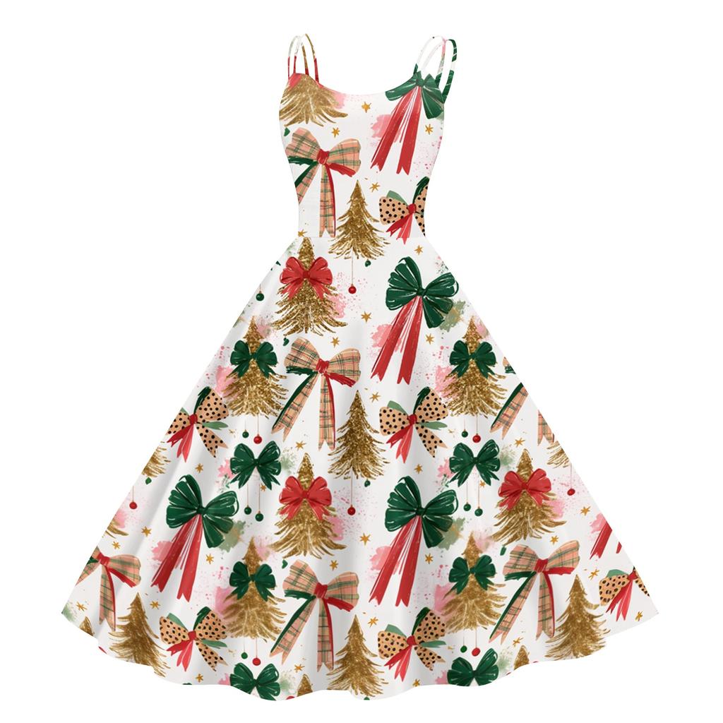 Women's Off-Shoulder Vintage Dress with Christmas Print for Holiday Parties and Evening Wear