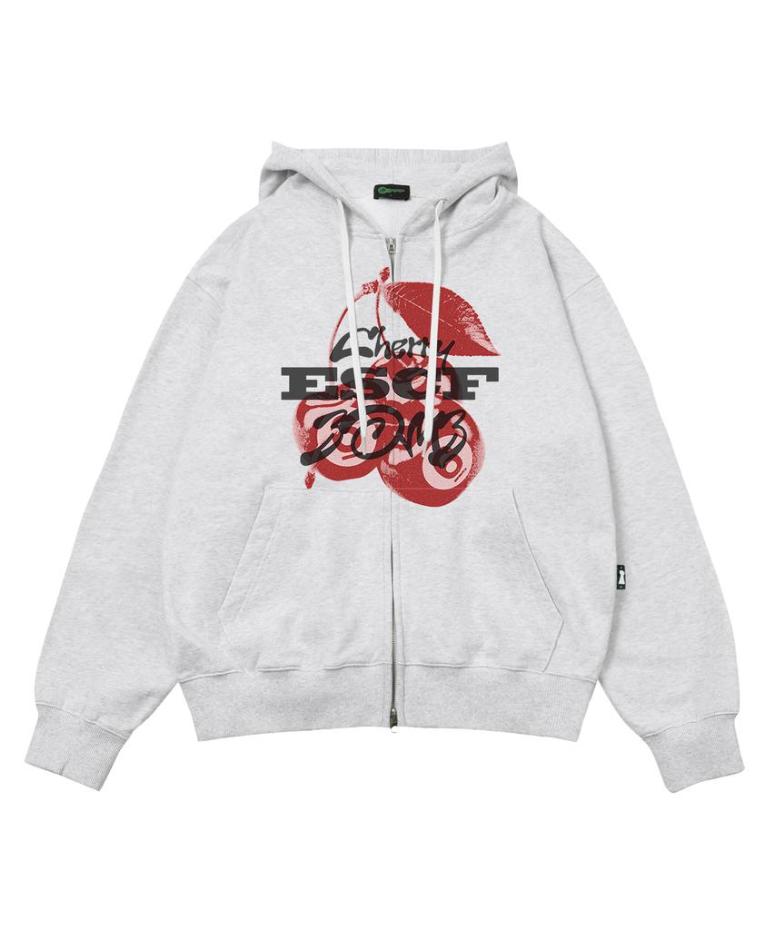 Escapefrom Red Cherry Bomb Print Two-Way Zip-Up Hoodie White Melange