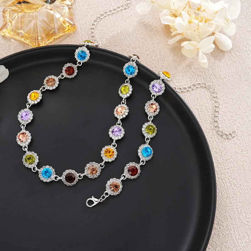 Womens Colorful Zircon Necklace Bracelet Set Alloy Jewelry Fashion Minimalist Geometric Design 2025