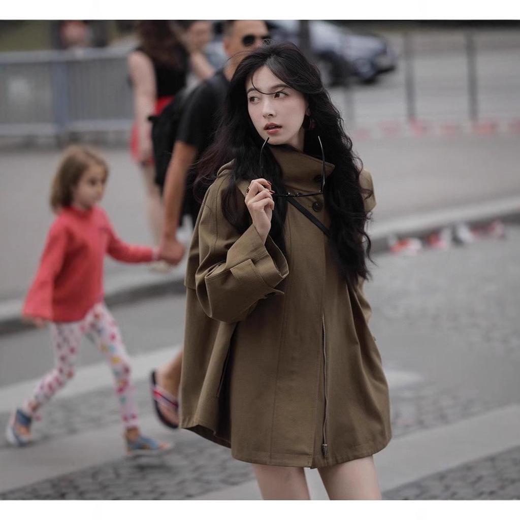 Women's British-Style Hooded Trench Coat: Autumn/Winter, Plus Size, Versatile, Trendy Loose-Fit Cape Design.