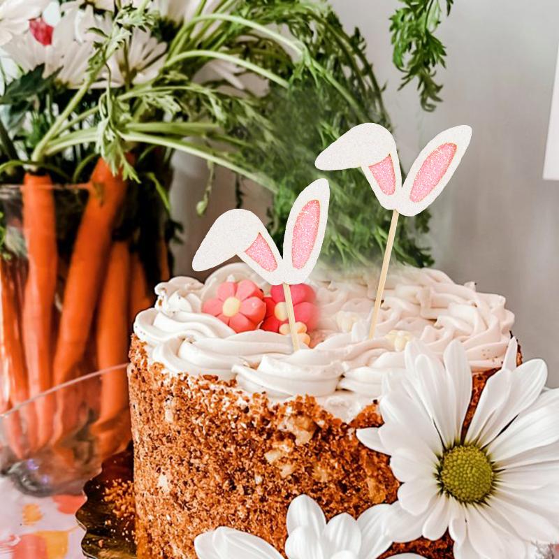 12pcs Easter Bunny Ears Cupcake Toppers Happy Easter Cute Rabbit Cake Topper Food Picks Kids Birthday Party Decoration Supplies