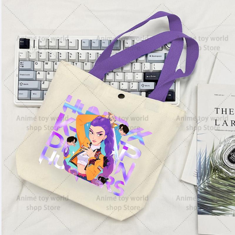 KPop Demon Hunters GIRLS Canvas Shopping Bags Women Cotton Tote Bags Reusable Cartoon Letter Shoulder Bag Grocery Handbag Beige