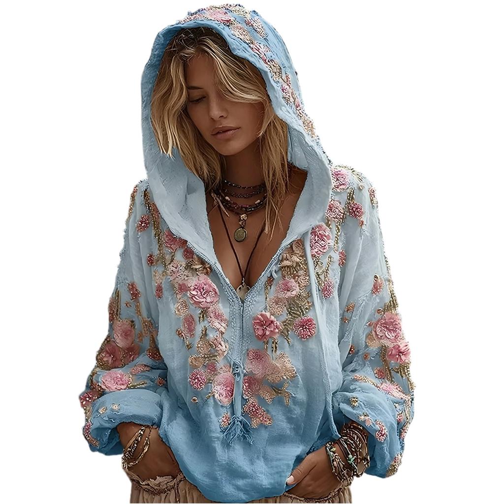 Damska Moda Bluza z Długim Rękawem z Kapturem w Stylu Vintage z Nadrukiem Kwiatowym Casualowa