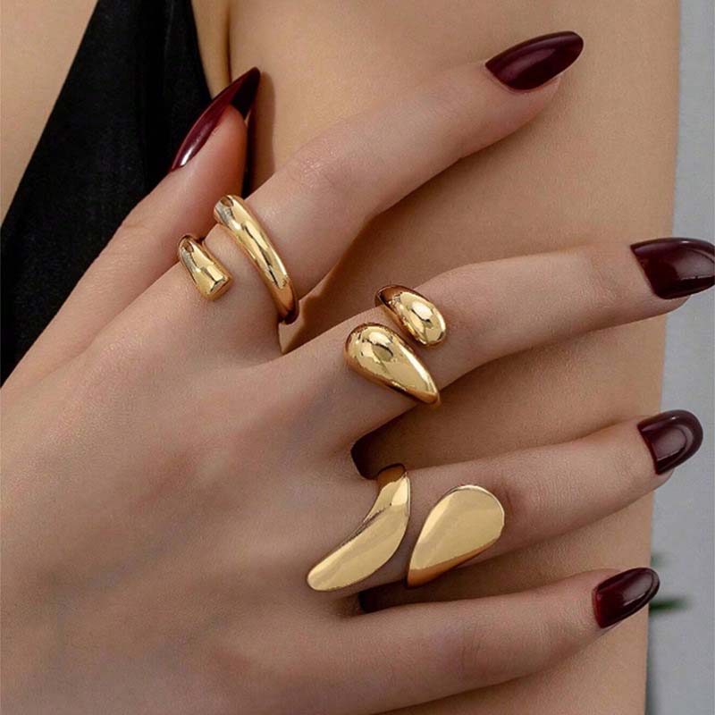 3Pcs/Set Vintage Gold Color Water Drop Rings for Women Fashion Creative Metal Smooth Geometric Adjustable Open Ring Zircon