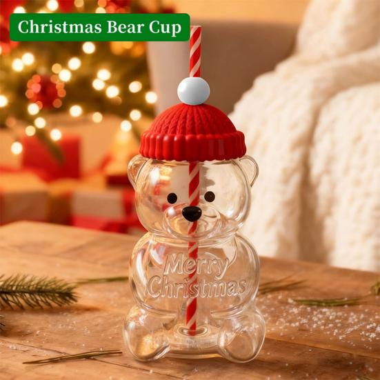 Yousheng Sippy Cup with Straw Christmas Bear Glass Cup Easy To Clean Drinking Cup for Kids Adults Large Capacity Homemade Beverage Container