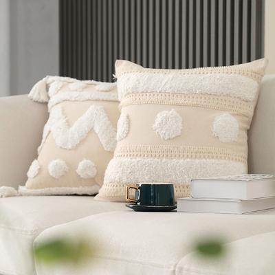 2 Pack Boho Throw Pillow Covers 18x18", Decorative Pillow Covers with Tassels Woven Tufted Bohemian Pillow Covers for Couch Sofa Bedroom Living Room