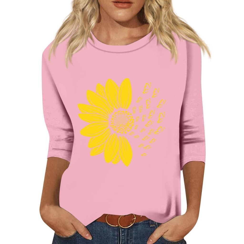 Women's Fashion Loose Casual Seven 3/4 Sleeve Printed Round Neck Pullover Top
