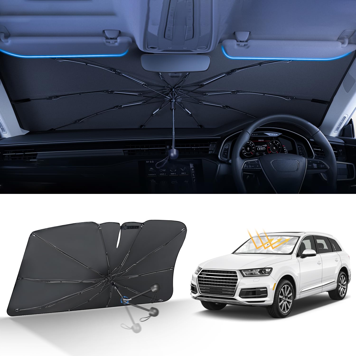 

Anfei Автомобильный солнцезащитный козырек, Передний зонт, Для автомобилей, 10 спиц, Фиберглассовые спицы, Автомобильный солнцезащитный экран, M чёрный