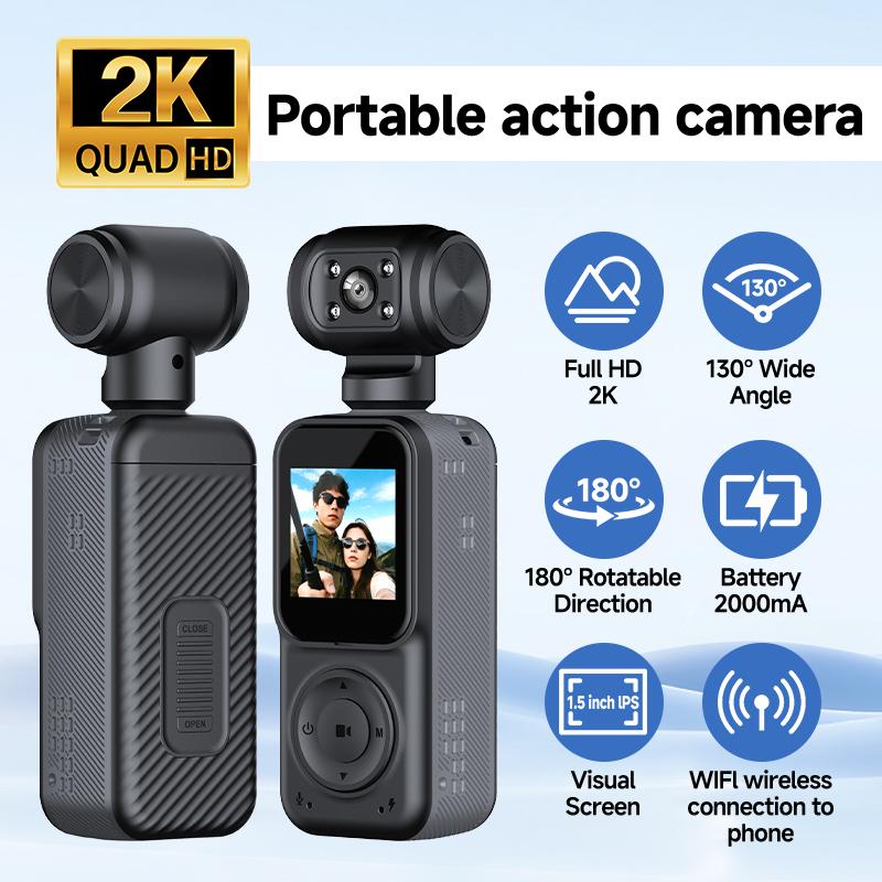 2K HD Action-Kamera 180° drehbare Linse 130° Weitwinkel WiFi Mini-Vlog-Kamera mit Nachtsicht Loop-Aufnahme für Sport Reisen Outdoor Radfahren