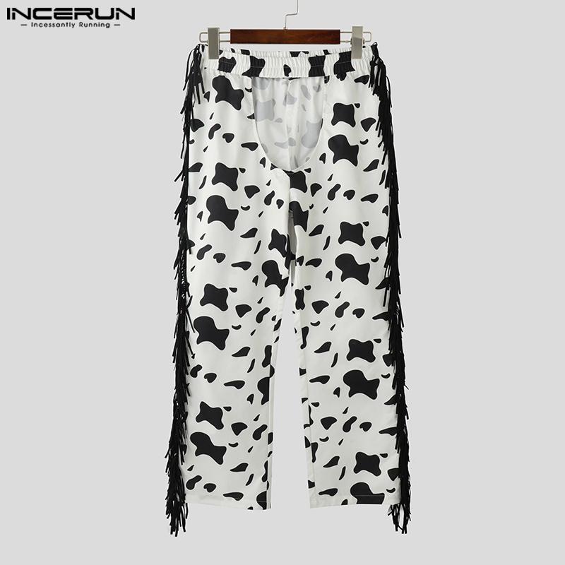 INCERUN Men Elastic Waist Cutout Tassel Hem Print Party Homewear Long Pants Trousers