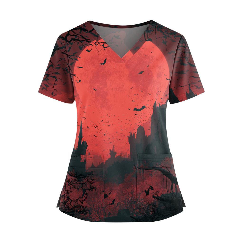 Damen Halloween Print V-Ausschnitt Kurzarm Kasack mit Doppeltaschen und Seitenschlitz