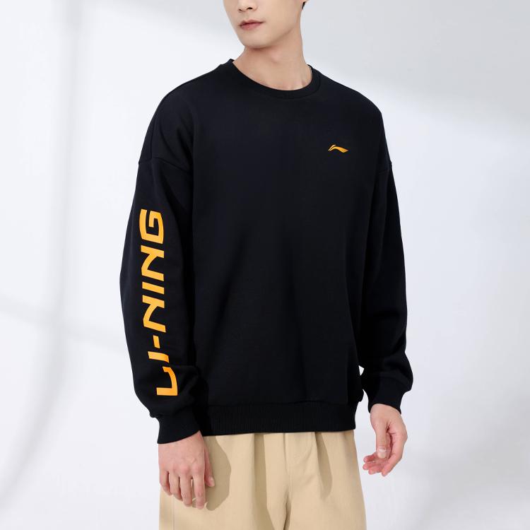 Li Ning Brand Logo Couple Casual Sports Round Neck Pullover Long Sleeve Fleece Sweatshirt Unisex Sweatshirt Black YWDT533-2