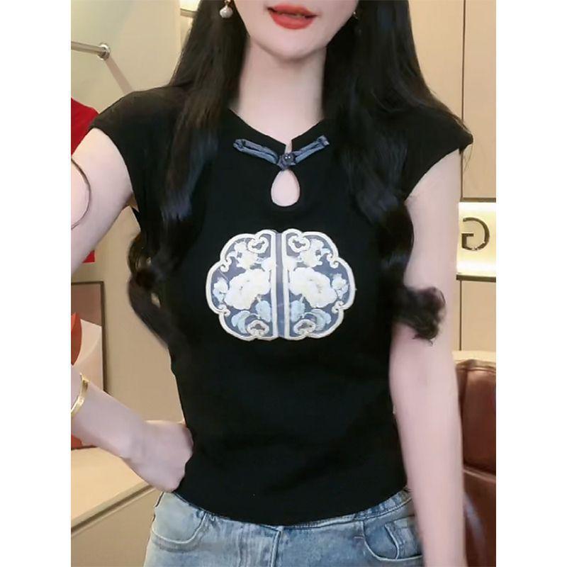 Plus Size Chinese Style Embroidered Women's Slimming Short Sleeve T-shirt