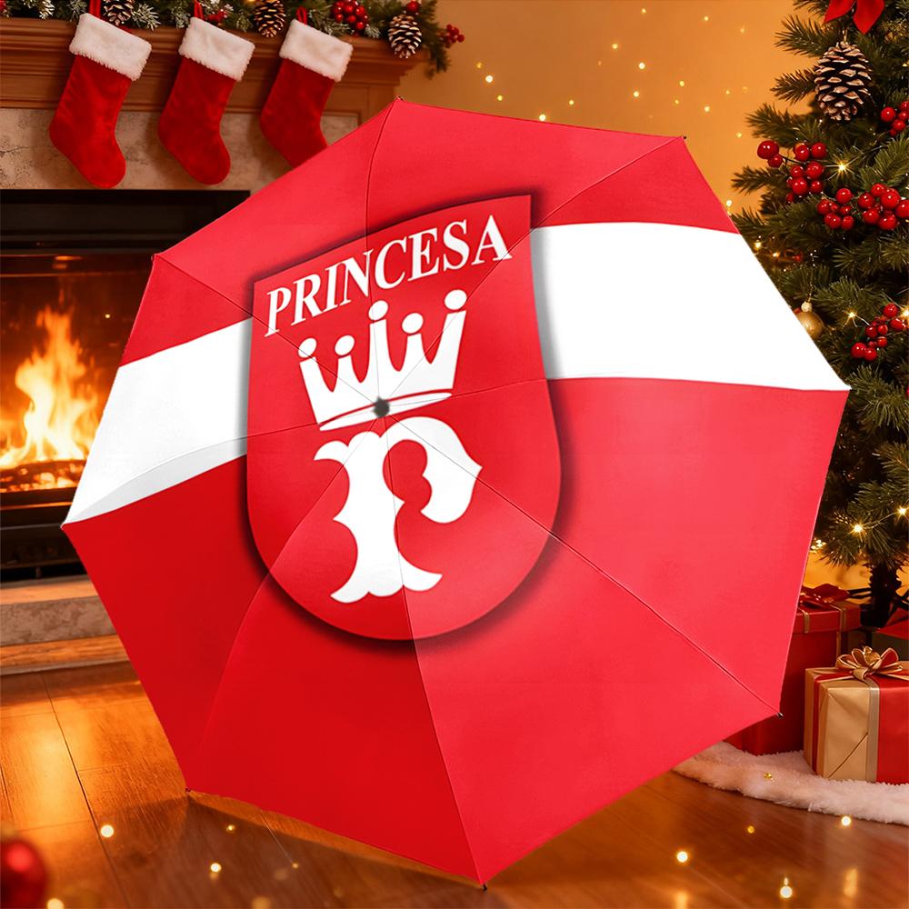 Umbrella with Vintage Crown Princesa Heraldic Crest Print, Elegant Red Umbrella for Women, Travel Gift Rain Accessory