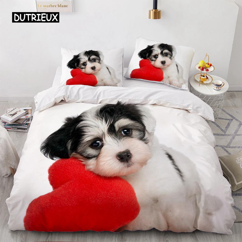 Lovely Animal 3D Bedding Sets White Duvet Quilt Cover Set Comforter Bed Linen Pillowcase King Queen 200*220cm Size Dogs Pets Dog