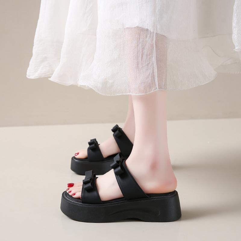 Fashion Platform Slippers Women Summer New Outside Wear Fashion Round Toe Open Toe Bow One Strap Non-slip Cool Mopping