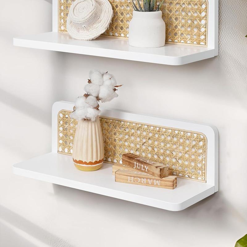 1Pc Wall Decoration Art Decoration Wooden Shelf Bohemian Style Display Rack Natural Rattan Rattan Storage Rack Wall Mounted