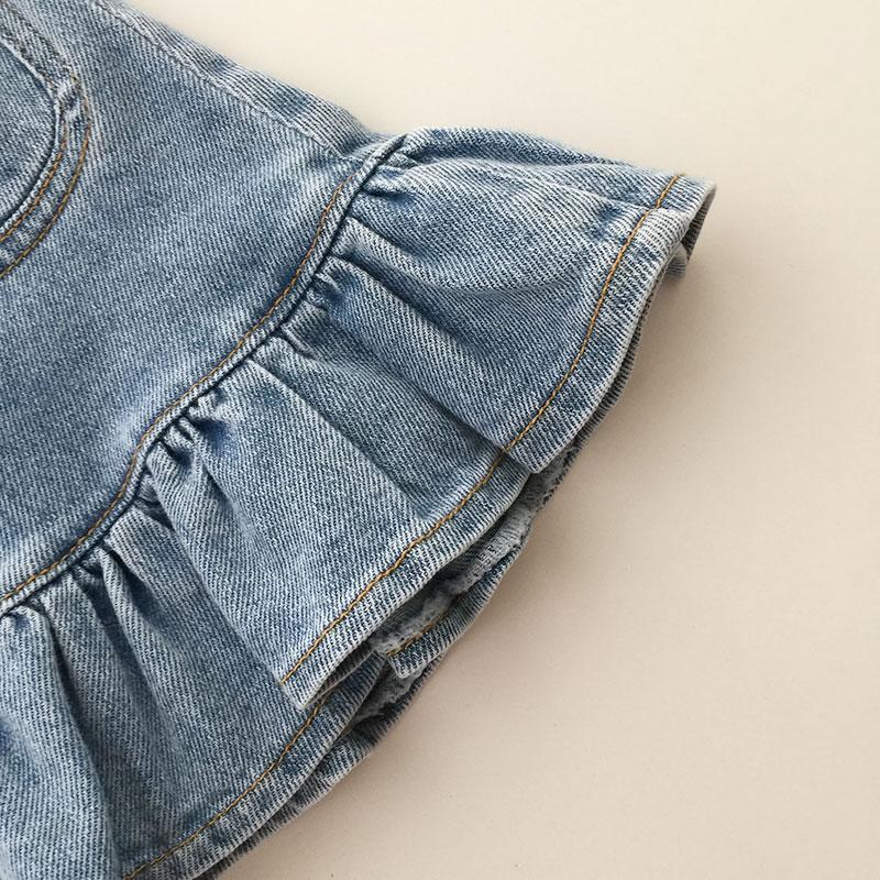 Kostym för flickor i jeanskjol Sommar, kort kjol för flickor Volanger höftkjol Mesh T-shirt+fishtailkjol Tvådelat set Mode