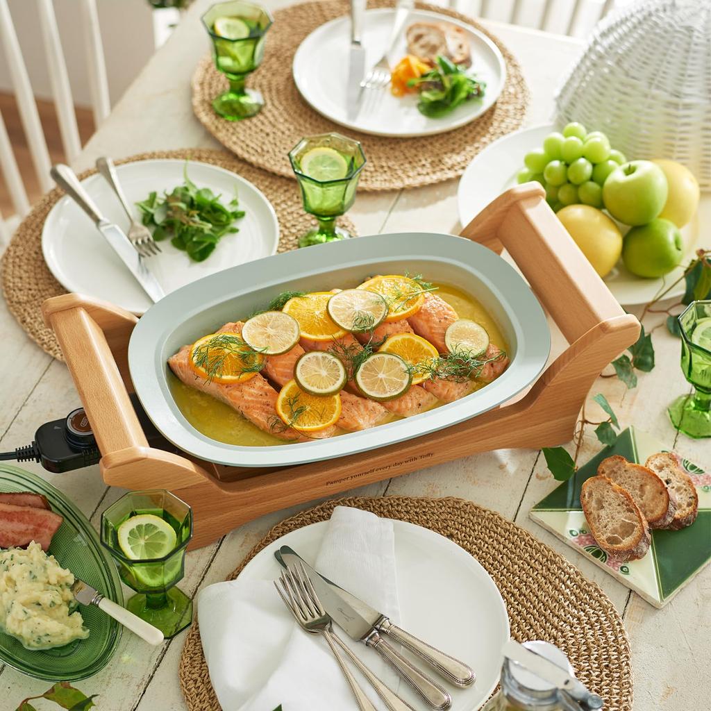 Ovale Grillplatte, Heizung, integrierte Konstruktion, Keramik-Kochplatte, Braten, Echtholz, stilvoll, stilvoll [Toffy] K-GP1 (Blasses Aqua) Backen/Köcheln/Dämpfen/Rühren 230℃