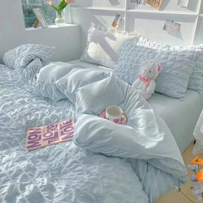 Ensemble de literie Princesse Style Français Coton Lavé Couleur Unie Seersucker Été Doux Nouveau Ensemble de Draps Ensemble de Couette