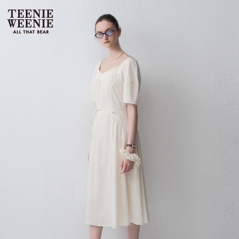 Teenie Weenie Women's Textured White Square Neck Puff Sleeve Dress