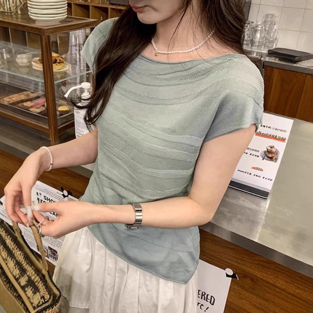 

Летняя женская футболка с французскими складками, открытыми плечами, короткими рукавами и текстурой, 2025 One Size зелёный