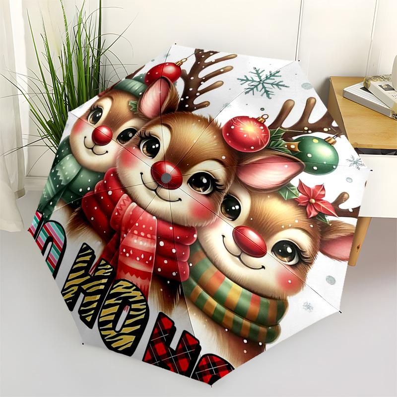1pc Christmas Reindeer Automatic Folding Umbrella, 3-Fold Design, 8-Bone Iron Frame, Outdoor, Festive Gift for Fans, Travelers, Daily Use.H035