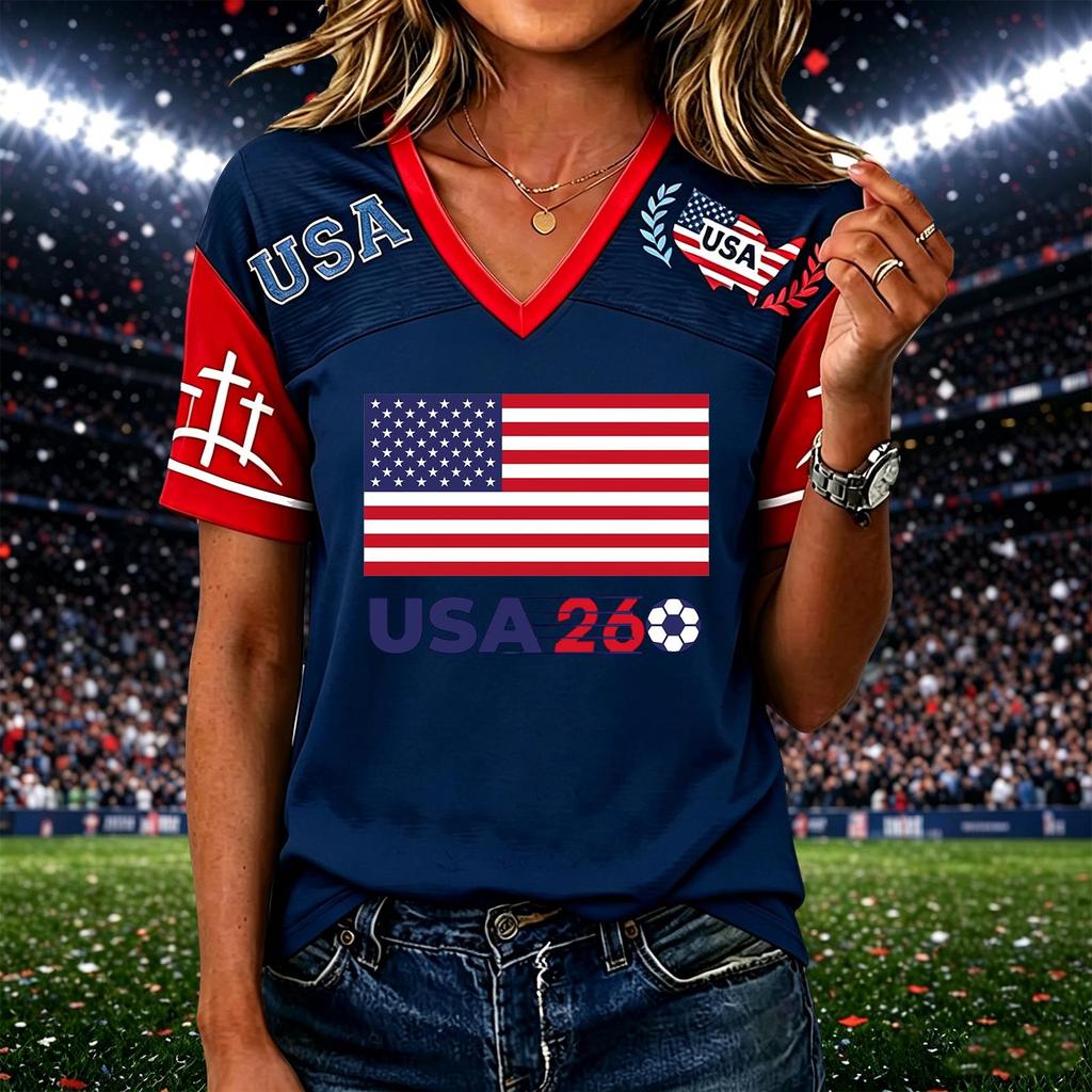 Womens Casual Short Sleeve Soccer Print V Neck Pullover Top Lightweight Breathable Soft Fabric Comfortable Fit