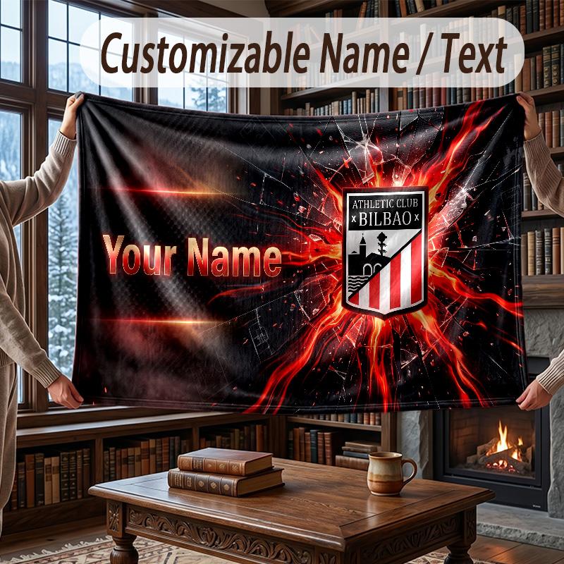 Custom Name Flannel Throw Blanket Athletic Bilbao FC Pattern Warm Home Decoration