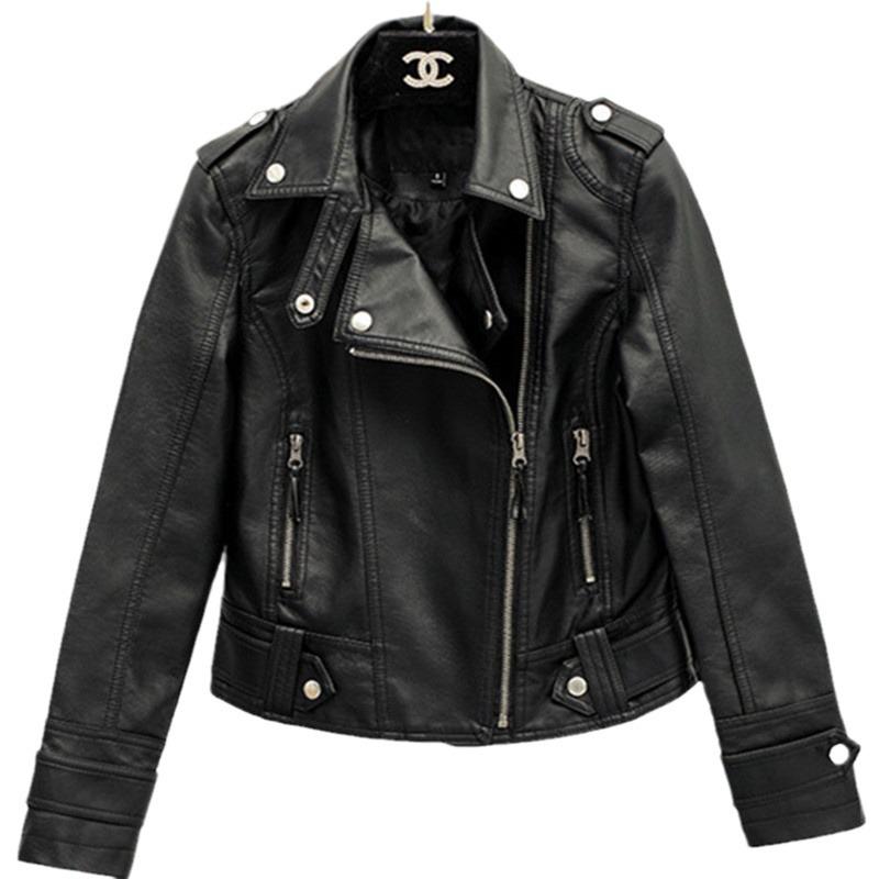 2023 Haining Spring & Autumn Women's Slim Fit PU Leather Motorcycle Jacket with Turn-Down Collar