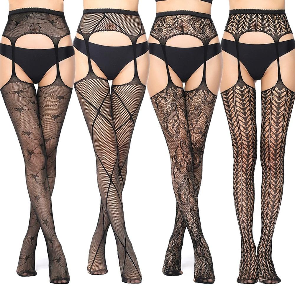 4 Pcs Pantyhose Fishnets Sexy Thigh-High Stockings Suspender Stockings For Women Garter Belt Stockings Hollow Out Pattern Tights