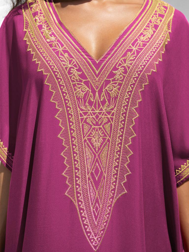 EDOLYNSA Sexy V-Ausschnitt Goldbesticktes Langes Strandkleid, Damen Retro Kaftan Locker Strandbekleidung Urlaub Badeanzug Bikini Cover-up