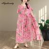 Prairie Chic Plus Size Summer Women Vintage Dress O Neck Pink Floral Print Oversized Gown Retro Short Sleeve Cotton Baggy Dress