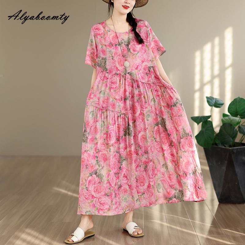 Prairie Chic Plus Size Summer Women Vintage Dress O Neck Pink Floral Print Oversized Gown Retro Short Sleeve Cotton Baggy Dress