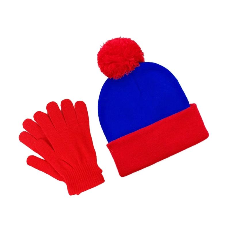 Warme gestrickte Mütze Handschuhe Passendes Set Buntes Design Kaltwetterausrüstung Feier Party Kopfbedeckung Handhandschuhe blue