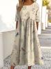 Light Gray Yellow Flower Printed Cotton and Linen Long Dress Round Neck Seven-quarter Sleeve Belly Cover Lazy Versatile Seaside Vacation Pocket Dress