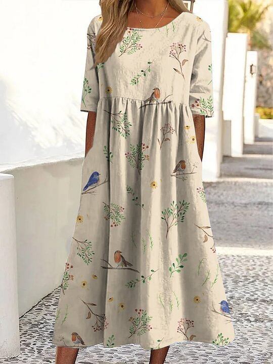 Light Gray Yellow Flower Printed Cotton and Linen Long Dress Round Neck Seven-quarter Sleeve Belly Cover Lazy Versatile Seaside Vacation Pocket Dress