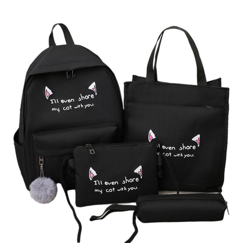 4-teiliger Studenten-Rucksack, modischer Trend, vierteiliges Set, einfarbiger Rucksack, große Kapazität, Canvas, verschleißfest, atmungsaktiv, Damen-Rucksack, Reisetasche