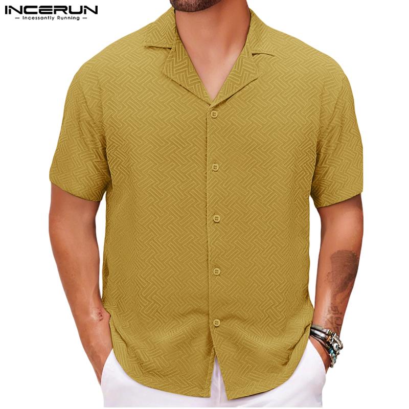 INCERUN S-5XL Men Lapel Short Sleeve Texture Buttons Casual Loose Shirts
