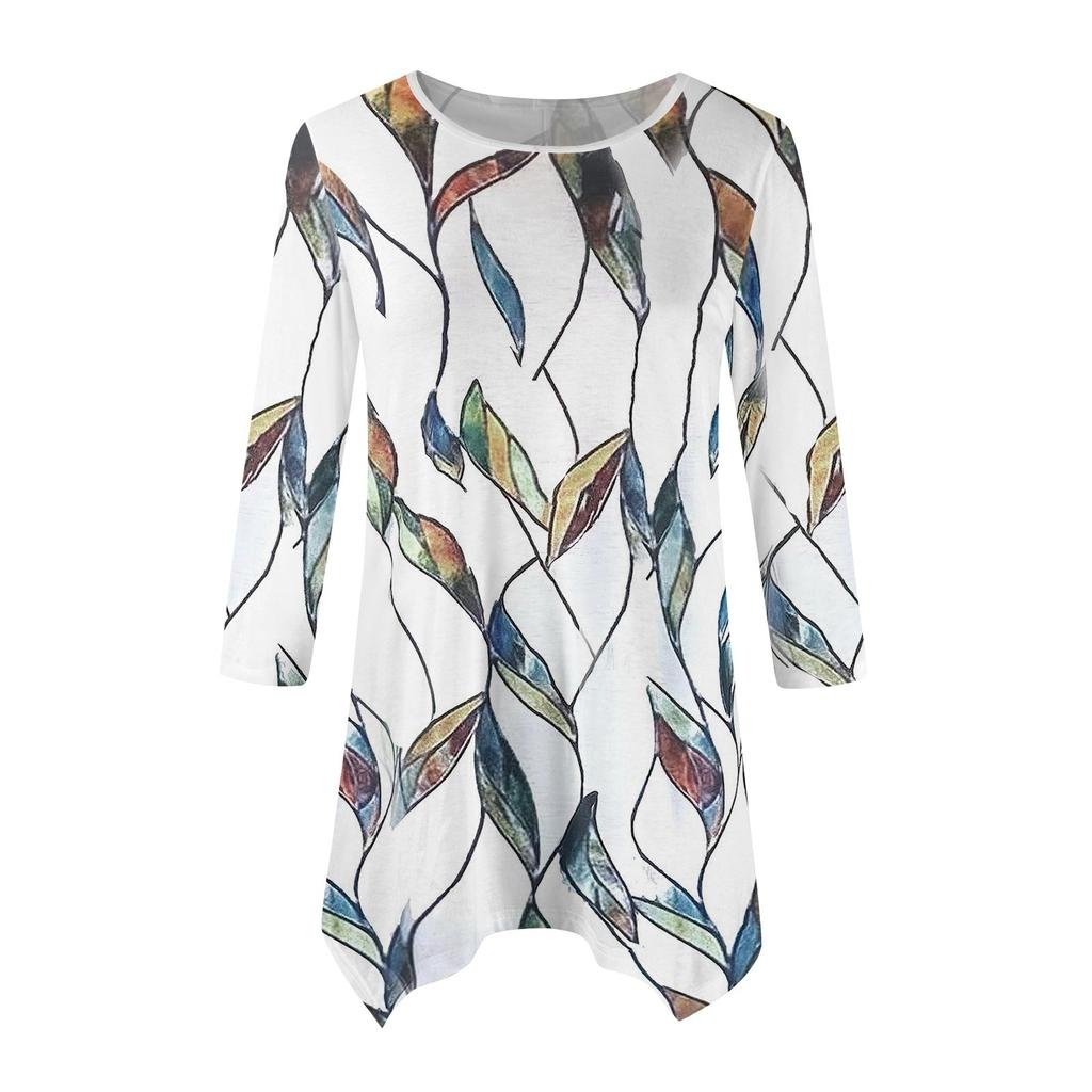 Dámská móda Ležérní tričko s kulatým výstřihem a květinovým potiskem, sedmirukávové, s páskem, volný pohodlný top